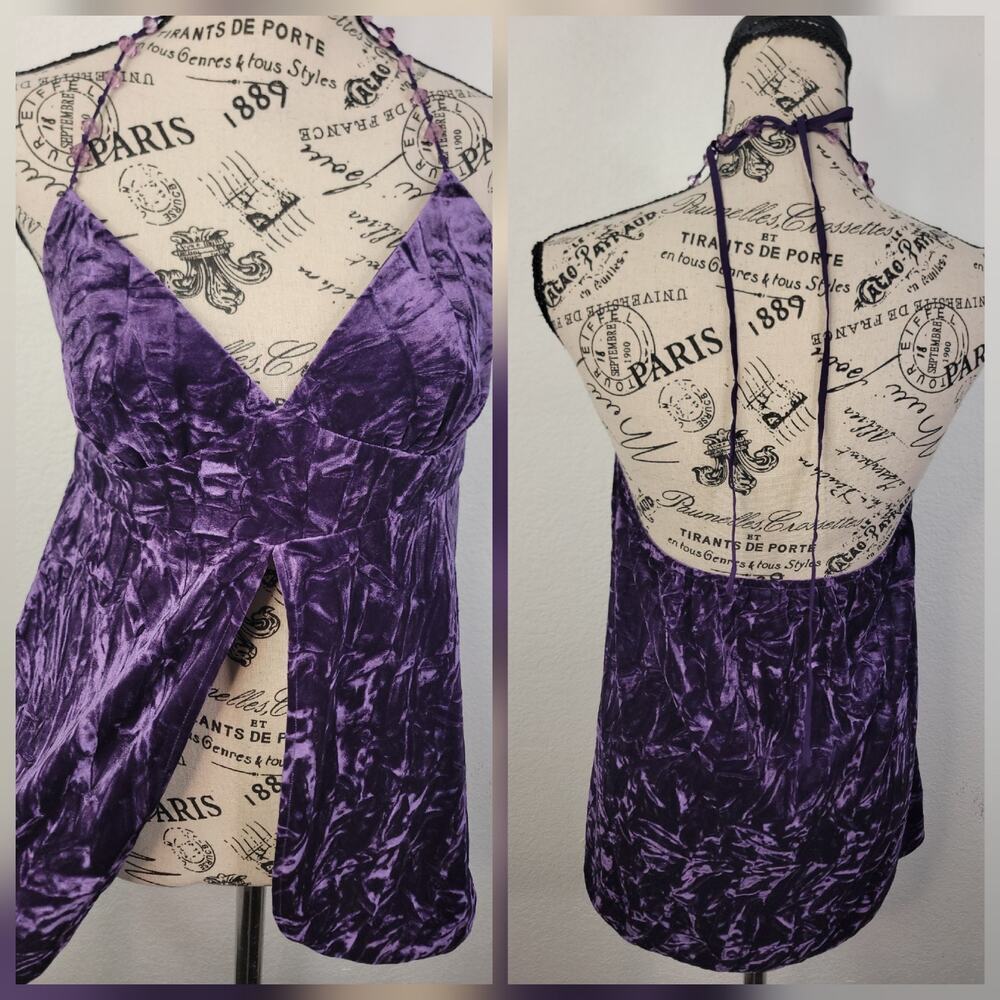 Vintage Victorias Secret Y2K 90’s Crushed Velvet Beaded Halter Top Split Front